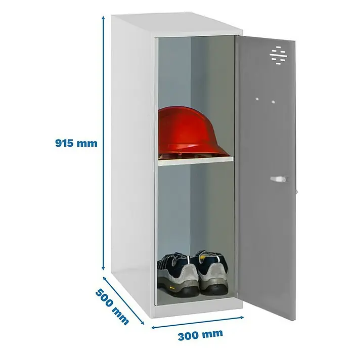 Simonrack Simonlocker Taquilla Mini Desmontada - L x An x Al: 50 x 30 x 91,5 cm, Gris/Gris, Número de baldas: 1 ud. - La imagen muestra un armario de acero blanco con una puerta abierta y las dimensiones. El armario tiene un compartimento.