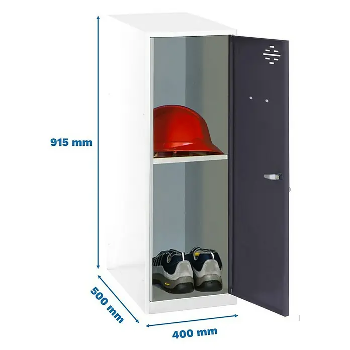 Simonrack Simonlocker Taquilla Mini Desmontada - L x An x Al: 50 x 40 x 91,5 cm, Blanco/Antracita, Número de baldas: 1 ud. - Imagen de un armario ropero blanco con una puerta abierta que muestra un casco y zapatos, con dimensiones incluidas.