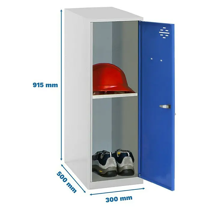 Simonrack Simonlocker Taquilla Mini - L x An x Al: 50 x 30 x 91,5 cm, Número de puertas: 1 ud., Gris/Azul - Imagen de una taquilla blanca de un nivel con puerta azul, con dimensiones mostradas para indicar el tamaño.