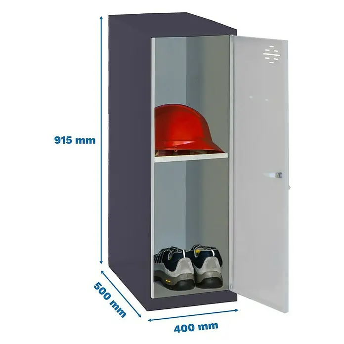 Simonrack Simonlocker Taquilla Mini Desmontada - L x An x Al: 50 x 40 x 91,5 cm, Antracita/Gris, Número de baldas: 1 ud. - Fotografía de producto de un casillero gris que mide 915x500x400 mm, que contiene un casco y un par de zapatos.