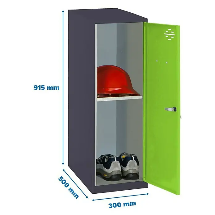 Simonrack Simonlocker Taquilla Mini Desmontada - L x An x Al: 50 x 30 x 91,5 cm, Antracita/Verde, Número de baldas: 1 ud. - Un armario abierto de color gris con una puerta verde muestra un casco rojo y un par de zapatos. Las dimensiones del armario están indicadas.