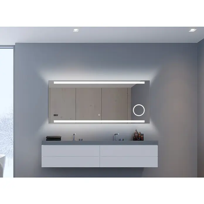 DSK Lichtspiegel Silver Rey - 140 x 60 cm, Silber, Leuchtmittel - Modern beleuchteter Badezimmerspiegel mit Waschtischunterschrank. Elegantes Design für ein stilvolles Badezimmerambiente.