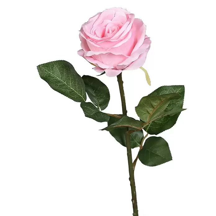 Kunstblume Rose - 48 cm, Rosé, Kunststoff - Rosa Stoffrose an einem Stiel mit grünen Blättern.