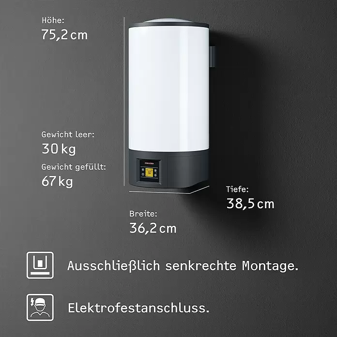 Stiebel Eltron Warmwasserspeicher EW-V 36 Eco - 36 l, Temperaturbereich: 20 °C - 85 °C - Weißer Stiebel Eltron Warmwasserspeicher, H 75,2 cm, B 36,2 cm, T 38,5 cm. Leergewicht: 30 kg, gefüllt: 67 kg.