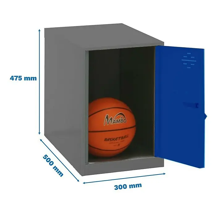 Simonrack Simonlocker Taquilla Mini - L x An x Al: 50 x 30 x 47,5 cm, Número de puertas: 1 ud., Antracita/Azul - Taquilla individual con balón de baloncesto. La taquilla metálica gris con puerta azul mide 475 x 500 x 300 mm y contiene un balón de baloncesto.