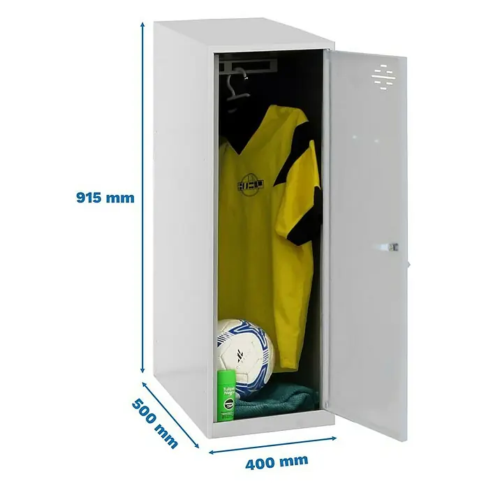 Simonrack Simonlocker Taquilla Mini Desmontada - L x An x Al: 50 x 40 x 91,5 cm, Gris/Gris, Número de baldas: 1 ud. - Un armario metálico blanco abierto con ropa deportiva, balón y producto para el cuidado, se indican las dimensiones.