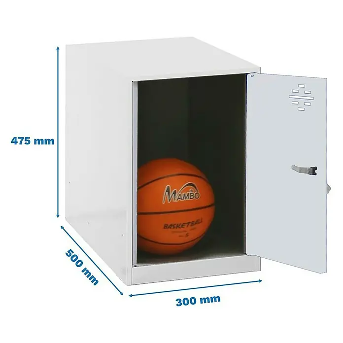 Simonrack Simonlocker Taquilla Mini - L x An x Al: 50 x 30 x 47,5 cm, Número de puertas: 1 ud., Blanco/Blanco - Un armario blanco con una pelota de baloncesto, adecuado para clubes deportivos o escuelas.