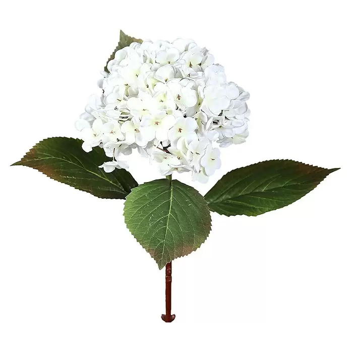 Kunstblume Hortensie - 52 cm, Cream, Kunststoff - Weiße künstliche Hortensienblüte mit grünen Blättern und braunem Stiel.