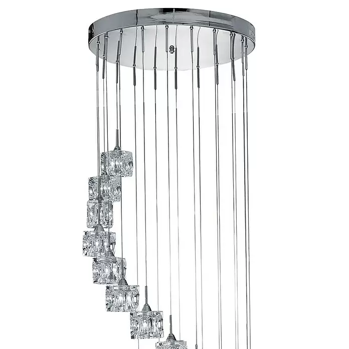 Searchlight Pendelleuchte rund - 3,2 W, Ø x H: 450 mm x 180 cm, Transparent, Chrom - Moderner Kronleuchter mit Chrom-Deckenplatte und klaren, quadratischen Kristalltropfen in Spiralform.