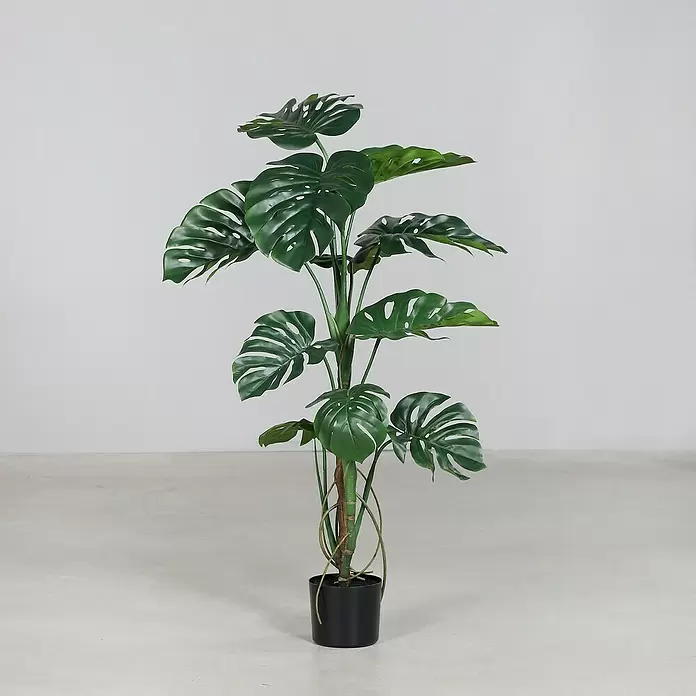 Kunstpflanze Split-Philo-Pflanze - Höhe: 120 cm, Grün, Kunststoff - Große künstliche grüne Monstera-Pflanze in einem schwarzen Topf, mit vielen breiten, geschlitzten Blättern.