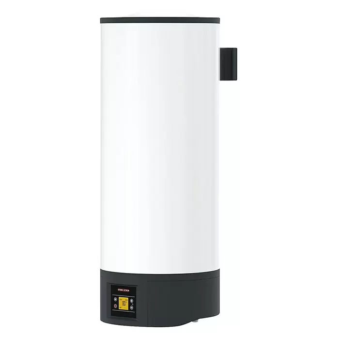 Stiebel Eltron Warmwasserspeicher EW-V 50 Eco - 50 l, Temperaturbereich: 20 °C - 85 °C - Weißer Elektro-Warmwasserspeicher mit dunkelgrauem Sockel und Digitalanzeige '80 ECO'.