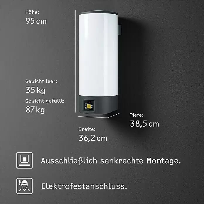 Stiebel Eltron Warmwasserspeicher EW-V 50 Eco - 50 l, Temperaturbereich: 20 °C - 85 °C - Wandmontierter, zylindrischer weiß-dunkelgrauer Warmwasserspeicher mit Digitalanzeige unten.