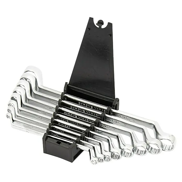 Alpha Tools Doppelringschlüssel-Satz - 8 -tlg. - Satz glänzender Chrom-Vanadium-Schlüssel in einer schwarzen Halterung. Ideal für jede Werkstatt, robust und langlebig.