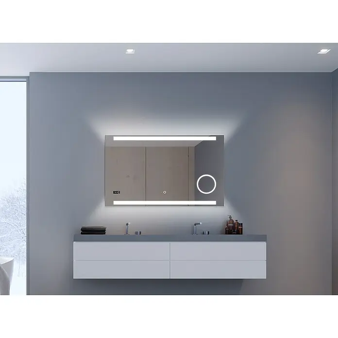 DSK Lichtspiegel Silver Rey - 100 x 60 cm, Leuchtmittel - Ein beleuchteter Badezimmerspiegel mit integriertem Schrank und LED-Beleuchtung wirft ein modernes Licht auf den Waschtisch.