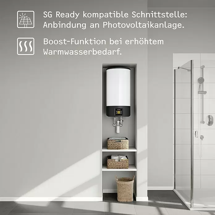 Stiebel Eltron Warmwasserspeicher EW-V 50 Eco - 50 l, Temperaturbereich: 20 °C - 85 °C - Weißer und schwarzer Warmwasserspeicher in Badnische. SG Ready für PV-Anschluss und Boost-Funktion für erhöhten Warmwasserbedarf.