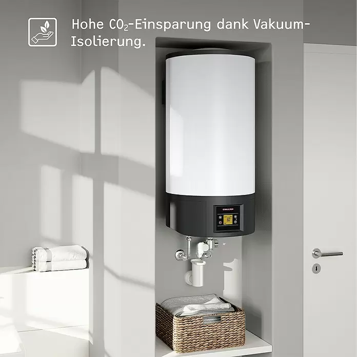 Stiebel Eltron Warmwasserspeicher EW-V 50 Eco - 50 l, Temperaturbereich: 20 °C - 85 °C - Wandmontierter weiß-dunkelgrauer Elektro-Warmwasserspeicher mit Digitalanzeige im Bad. Betont CO2-Einsparung durch Vakuum-Isolierung.