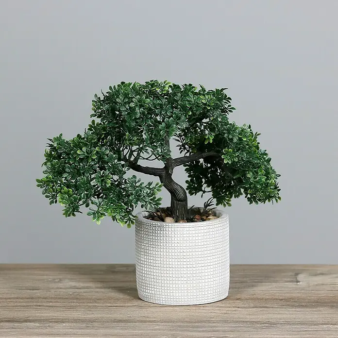 Kunstpflanze Bonsai - Höhe: 26 cm, Grün, Kunststoff - Künstlicher Bonsai-Baum in einem weißen Topf. Dekorative Zimmerpflanze, die eine beruhigende Atmosphäre schafft und jedem Raum eine elegante Note verleiht.