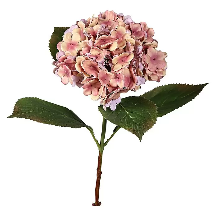 Kunstblume Hortensie - 52 cm, Salmon, Kunststoff - Künstlicher Hortensienstiel mit einem großen Bund rosa-gelber Blüten und grünen Blättern.