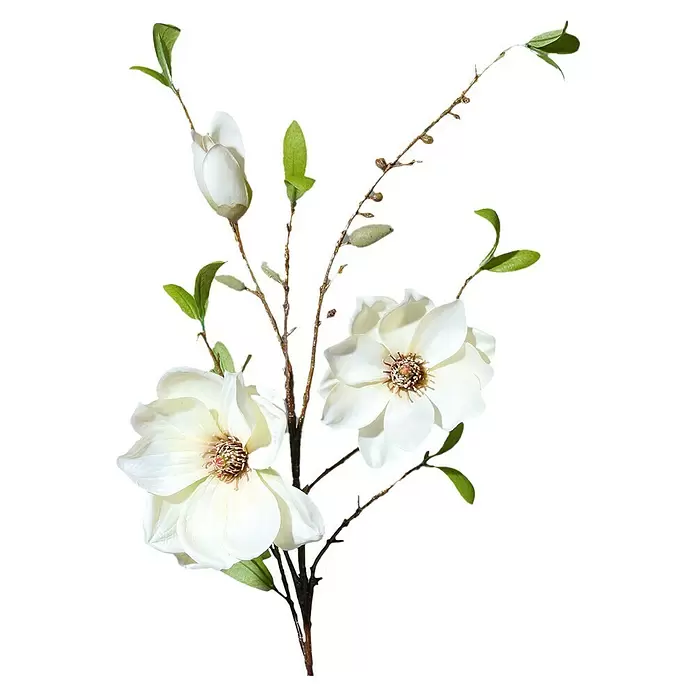 Kunstblume Magnolienzweig - 90 cm, Cream, Kunststoff - Weiße künstliche Magnolienblüten und Knospen mit grünen Blättern an braunen Zweigen.