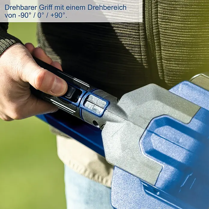 Scheppach IXES 20V Akku-Heckenschere BC-HT720-X - 40 V, Ohne Akku, Schnittlänge: 650 mm - Detailaufnahme eines blauen Gartengeräts mit drehbarem Griff. Der Griff ermöglicht eine flexible Ausrichtung.