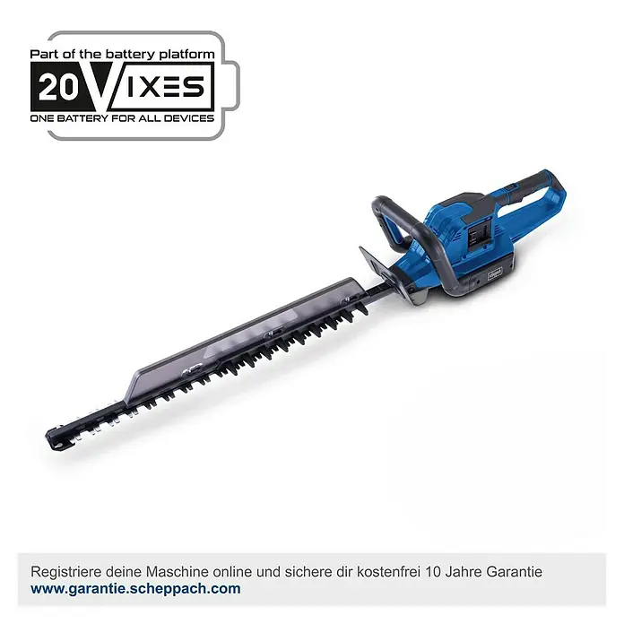 Scheppach IXES 20V Akku-Heckenschere BC-HT720-X - 40 V, Ohne Akku, Schnittlänge: 650 mm - Abbildung der Scheppach Akku-Heckenschere, Teil der 20V VIXES Akku-Plattform für flexible Gartenarbeit.