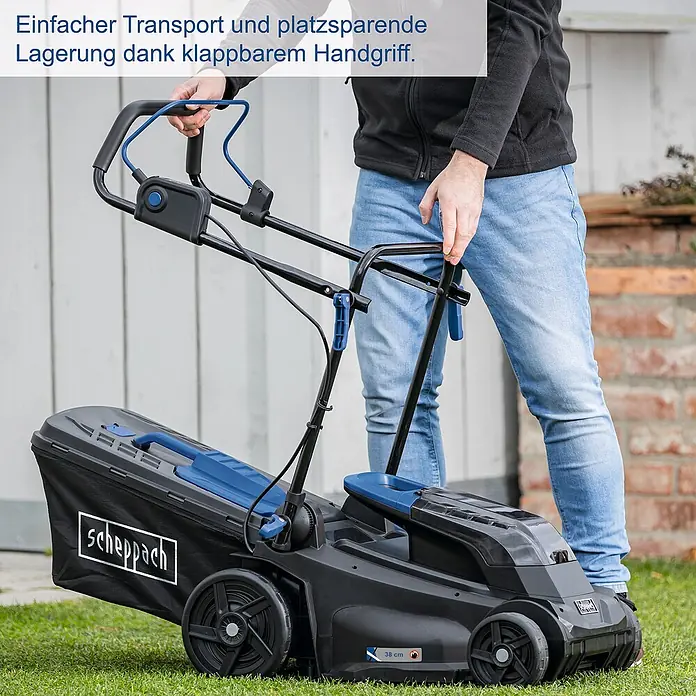 Scheppach IXES 20V Akku-Rasenmäher BC-MP380-X - 40 V, 2 Akkus, 4 Ah, Schnittbreite: 38 cm - Bild eines Scheppach Rasenmähers mit klappbarem Griff für einfachen Transport und platzsparende Lagerung.