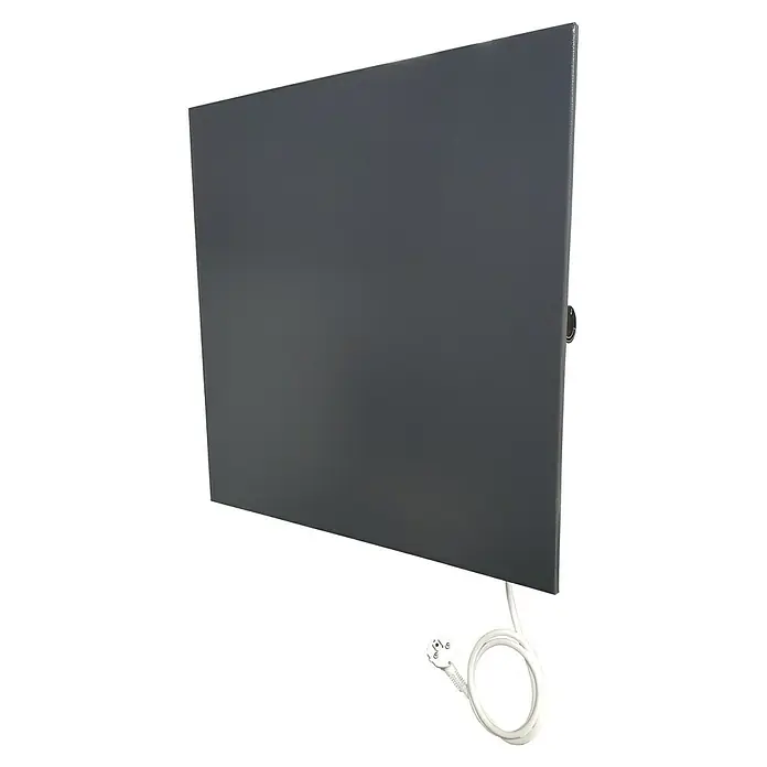 Admiral Radiador metálico por infrarrojos - 600 x 600 mm, 365 W, Antracita - Primer plano de un panel calefactor de infrarrojos con cable de alimentación blanco. Ideal para calentar estancias de forma eficiente.