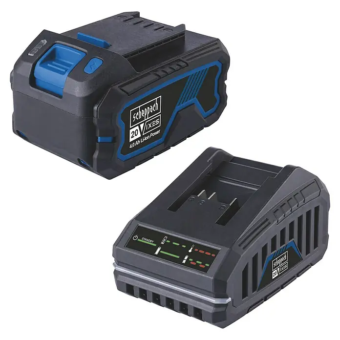 Scheppach IXES 20V Starterkit SBSK4.0 - 20 V, 4 Ah - Abbildung einer Scheppach 20V IXES 4.0 Ah Li-Ion Batterie und einem Ladegerät, ideal für schnelles und effizientes Aufladen.
