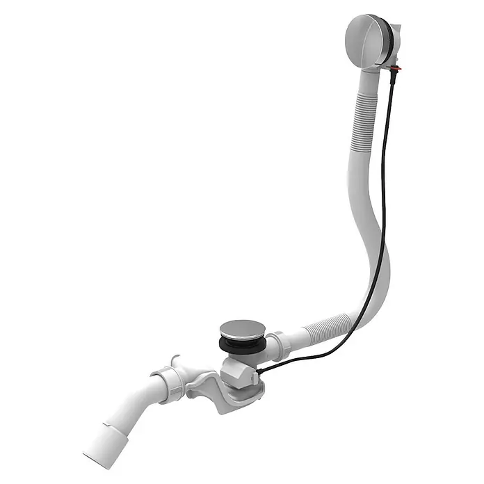 Ottofond Eckbadewannen-Set Bengasi - L x B: 140 x 140 cm, Sanitäracryl, Weiß, Mit Badewannenträger - Ein Close-up eines verchromten Ablaufgarnitur für eine Badewanne mit flexiblen Rohren und Zugstange.
