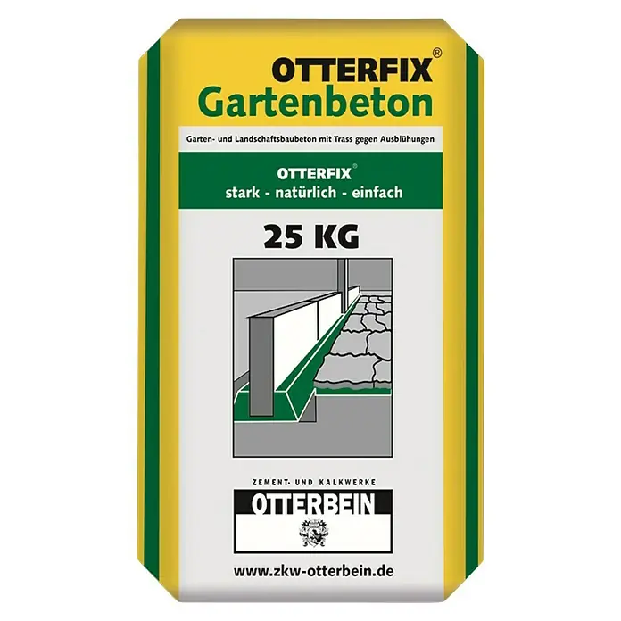 Gartenbaubeton mit Trass - 25 kg - Bild eines 25-kg-Sacks OTTERFIX Gartenbeton, einem Garten- und Landschaftsbaubeton mit Trass gegen Ausblühungen.