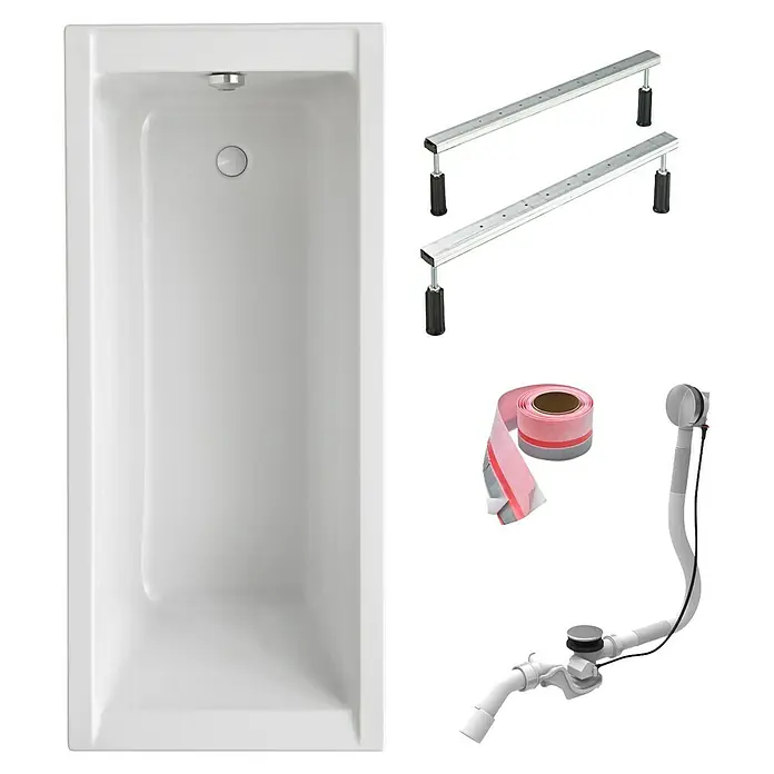 Ottofond Badewannen-Set Filo - L x B: 180 x 80 cm, Sanitäracryl, Weiß, Mit Badewannenfuß - Abgebildet ist eine Badewanne mit Zubehör. Dazu gehören Füße, Dichtband und ein Ab- und Überlaufgarnitur.