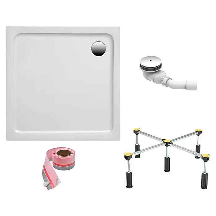 Ottofond Duschwannen-Set Puerto - L x B: 90 x 90 cm, Kunststoff, Weiß, Mit Duschwannenfuß - Quadratische Duschwanne mit Ablaufgarnitur, Abdichtband und verstellbarem Fußgestell.