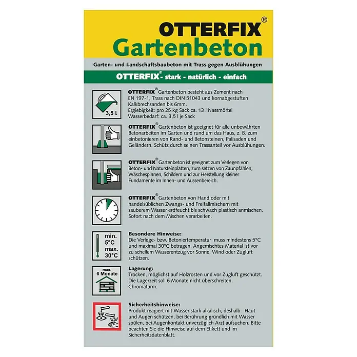 Gartenbaubeton mit Trass - 25 kg - Produktdatenblatt für Otterfix Gartenbeton, einem Garten- und Landschaftsbaubeton mit Trass gegen Ausblühungen für vielseitige Anwendungen.