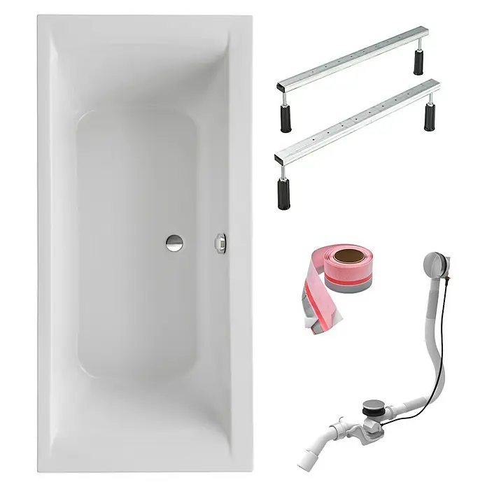 Ottofond Badewannen-Set Palermo - L x B: 170 x 75 cm, Sanitäracryl, Weiß, Mit Badewannenfuß - Abbildung einer Badewanne mit Zubehör, einschließlich Füße, Dichtband und Ablaufgarnitur, ideal für Badezimmerrenovierungen.
