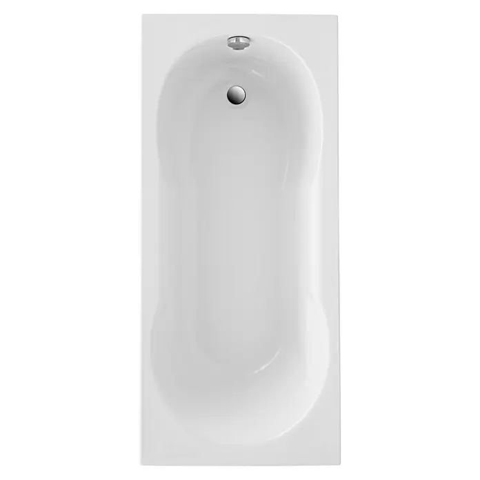 Ottofond Badewannen-Set Colombo - L x B: 170 x 75 cm, Weiß, Sanitäracryl, Mit Badewannenträger - Aufsicht auf eine reinweiße Badewanne mit einem Ablauf in der Mitte und einem Bedienknopf am Kopfende.