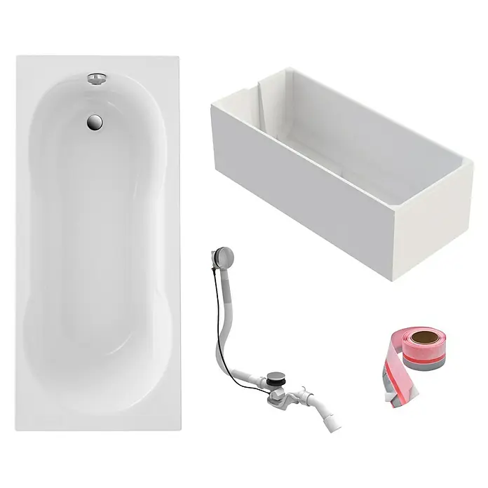 Ottofond Badewannen-Set Colombo - L x B: 170 x 75 cm, Weiß, Sanitäracryl, Mit Badewannenträger - Abbildung eines weißen Bades mit Überlauf, einer Badewannenverkleidung, einem Abfluss und einem Dichtungsband für die Badinstallation.