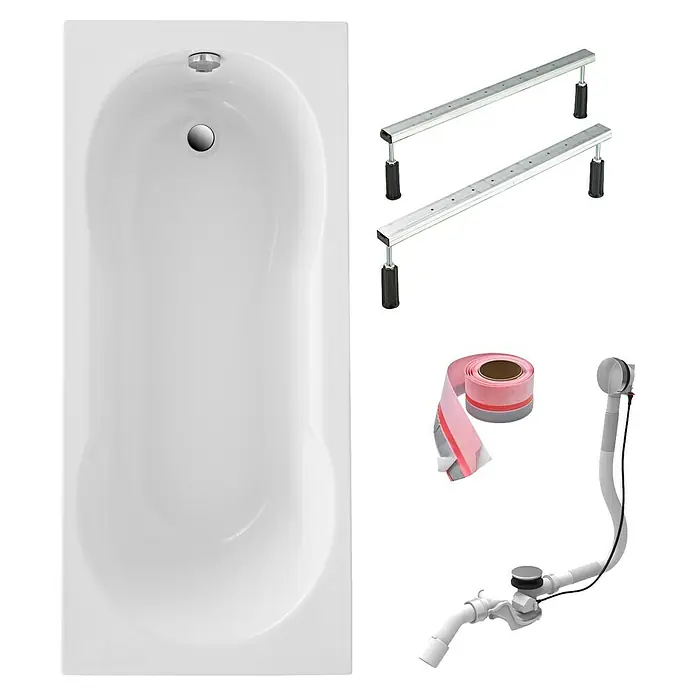 Ottofond Badewannen-Set Colombo - L x B: 170 x 75 cm, Weiß, Sanitäracryl, Mit Badewannenfuß - Bild eines Badewannen-Sets, bestehend aus einer weißen Badewanne, zwei Montageständern, Dichtband und Abflussgarnitur für die Installation.