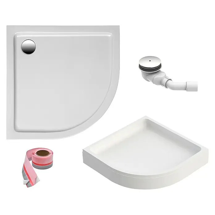 Ottofond Duschwannen-Set Rico - L x B: 90 x 90 cm, Kunststoff, Weiß, Mit Duschwannenträger - Bild von Duschtassen-Set mit Ablaufgarnitur, Dichtband und zwei verschiedenen Duschwannen für Badezimmerinstallationen.