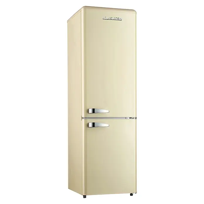 Wolkenstein Kühl-Gefrierkombination - Nutzinhalt Gesamt: 149 l, 62,6 x 54,6 x 177,5 cm, Creme - Abgebildeter Wolkenstein Kühlschrank im Retro-Design in eleganter Cremefarbe mit Chromgriffen für einen Hauch von Nostalgie in Ihrer Küche.
