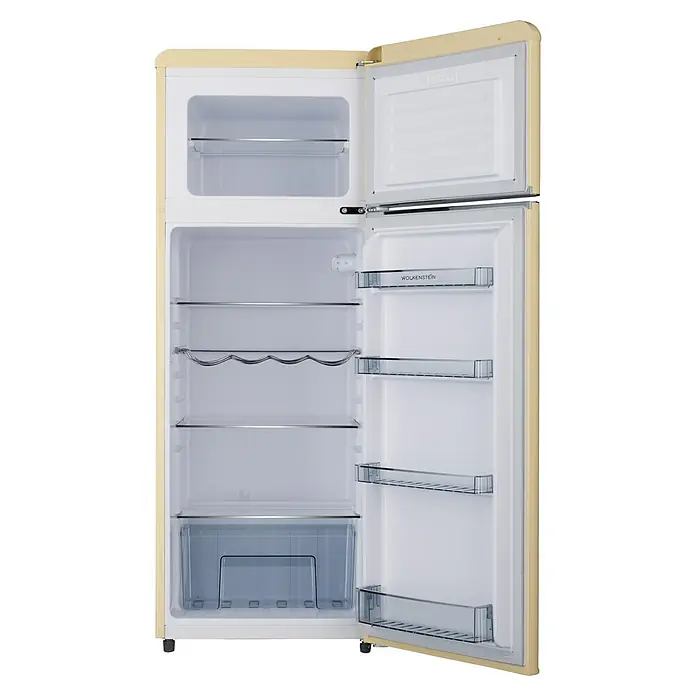 Wolkenstein Kühl-GefrierkombinationNutzinhalt Gesamt: 211 l, 62,6 x 54,5 x 145,6 cm, Creme - Abbildung eines Kühlschranks mit geöffneter Tür, der seine Innenfächer und das geräumige Design zeigt. Ideal für die moderne Küche.