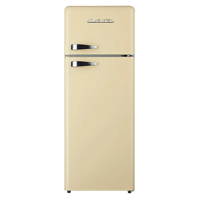 Wolkenstein Kühl-GefrierkombinationNutzinhalt Gesamt: 211 l, 62,6 x 54,5 x 145,6 cm, Creme - Abbildung eines Wolkenstein Kühlschranks in Beige mit zwei Griffen. Er bietet ausreichend Platz für Lebensmittel und Getränke.