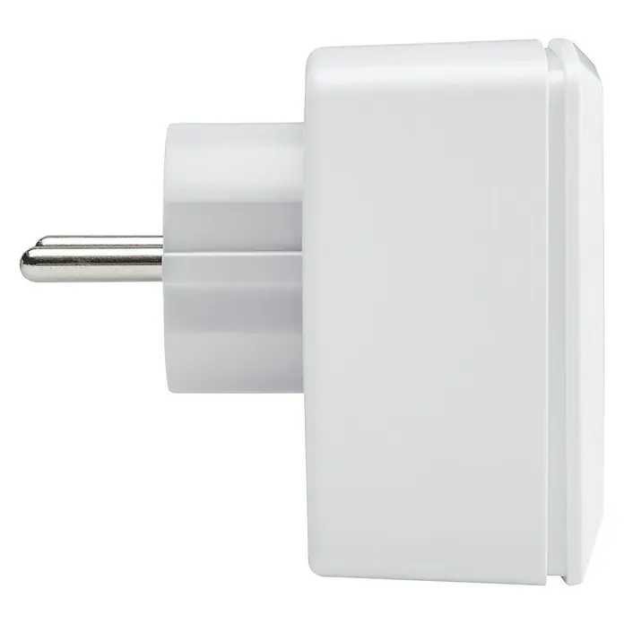 Homematic IP Funksteckdose Phasenabschnittdimmer HmIP-PDT - Weiß, 230 V - Nahaufnahme eines weißen Eurosteckers mit zwei Stiften und einem rechteckigen Gehäuse für den Einsatz im europäischen Stromnetz.