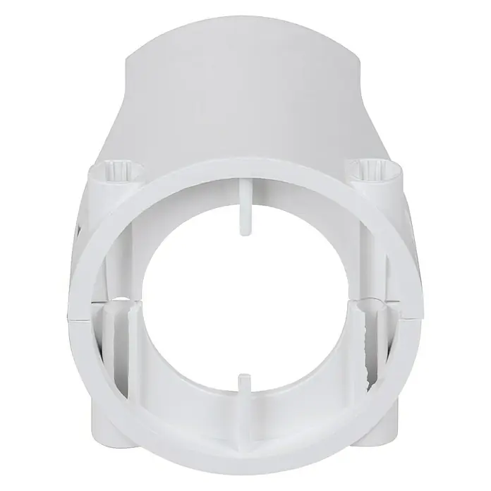 Homematic IP Diebstahlsicherung für Heizkörperthermostate - L x B x H: 46 x 23 x 46 mm - Frontansicht einer weißen Kunststoff-Rohrschelle, die zur Befestigung und Stabilisierung von Rohren oder Stangen in verschiedenen Anwendungen dient.