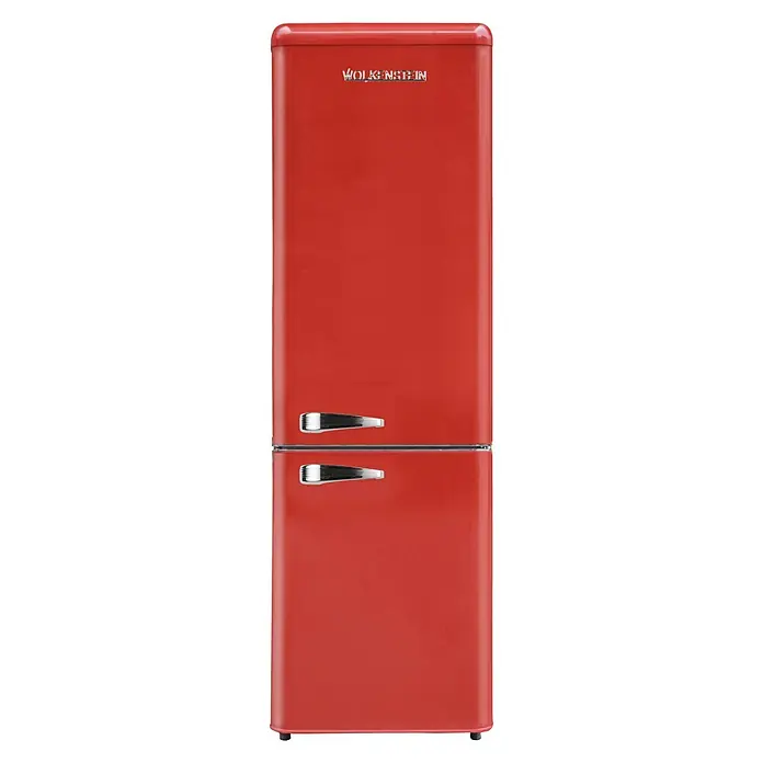 Wolkenstein Kühl-GefrierkombinationNutzinhalt Gesamt: 149 l, 62,6 x 54,6 x 177,5 cm, Rot - Roter Wolkenstein Kühlschrank mit zwei Fächern und silbernen Griffen. Das Gerät ist stilvoll und praktisch für jede Küche.