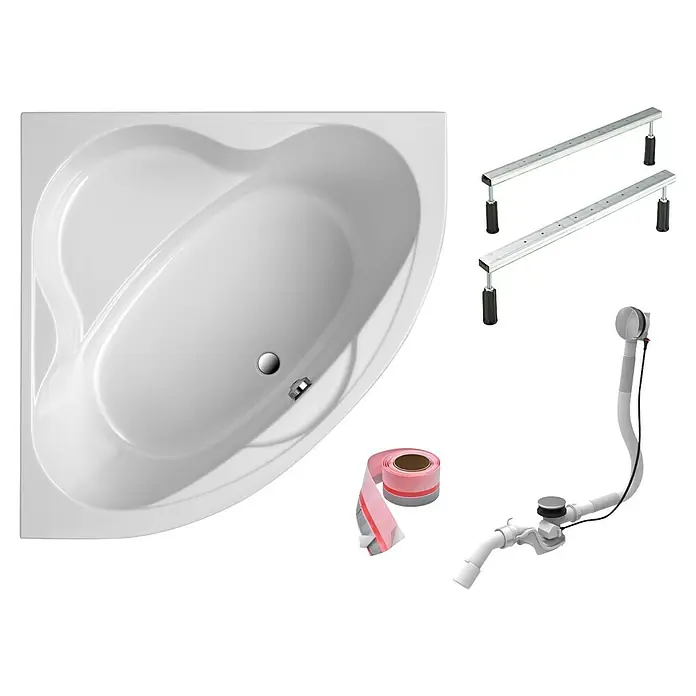 Ottofond Eckbadewannen-Set Bengasi - L x B: 140 x 140 cm, Sanitäracryl, Weiß, Mit Badewannenfuß - Eckbadewanne mit Zubehör für die Installation, einschließlich Füße, Ablaufgarnitur und Dichtband.