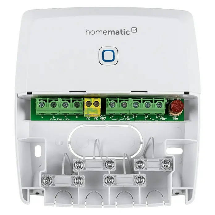 Homematic IP Funkschalter Aktor HmIP-WHS2 - 2-fach, Weiß, 30 x 120 x 130 mm, 230 V - Nahaufnahme der Homematic IP-Verdrahtung mit gut sichtbaren Anschlüssen und Verkabelung für Smart-Home-Anwendungen.