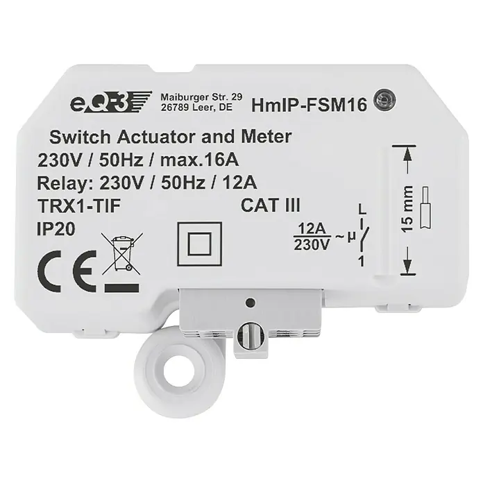 Homematic IP Conmutador inalámbrico HmIP-FSM16 - 230 V, 16 A, 41 x 54 x 33 mm - Primer plano de un actuador de interruptor Homematic IP blanco con medidor de energía, con datos técnicos y certificaciones.
