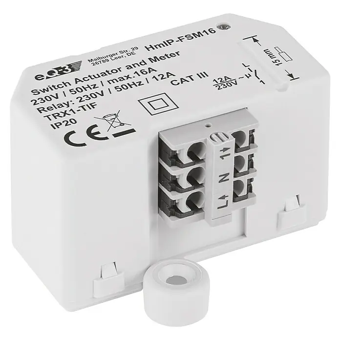Homematic IP Funkschalter Mess-Aktor HmIP-FSM16 - 230 V, 16 A, 41 x 54 x 33 mm - Nahaufnahme eines HomeMatic IP Schaltaktors und Zählers, Modell HmIP-FSM16, für die Hausautomation mit technischen Details.