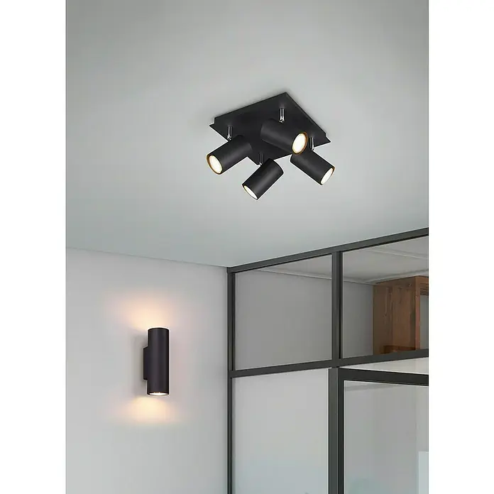 Trio Leuchten Marley Wandleuchte rund - 70 W, L x B x H: 8 x 6 x 18 cm, Schwarz, GU10 - Deckenleuchte mit vier Strahlern in Schwarz, die ein modernes und gerichtetes Licht in den Raum bringen.