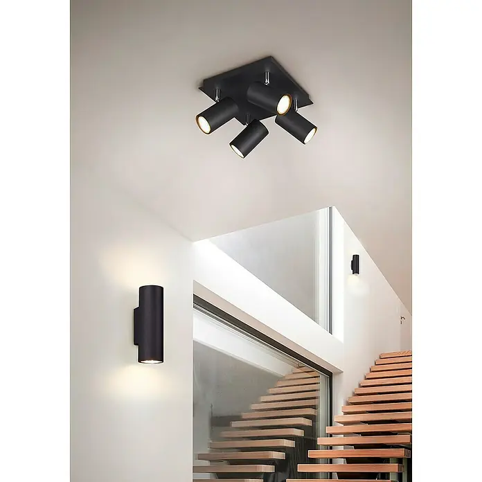 Trio Leuchten Marley Wandleuchte rund - 70 W, L x B x H: 8 x 6 x 18 cm, Schwarz, GU10 - Schwarze Deckenleuchte mit vier Strahlern und eine Wandleuchte, die ein modernes Ambiente erzeugen.\n